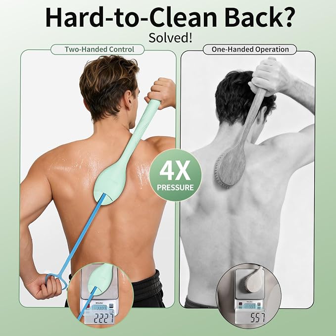 Extendable Silicone Back Scrubber-17-32,Dense Bristles-4X Power | 2-Hand Grip for 4X power. Food-grade silicone, BPA-free. 30D curved dense bristles for rich lather & exfoliation. Quick-dry.