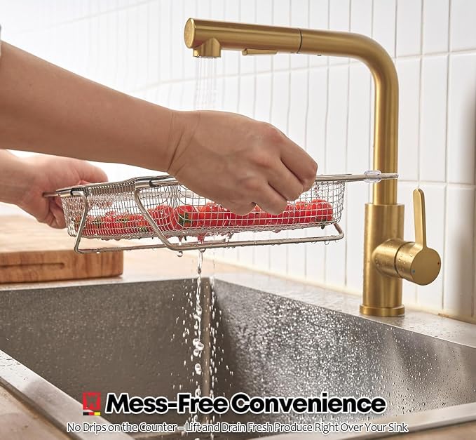 WAGENSTEIGER Extendable Dish Rack with Feet, Vegetable Colander Basket, Stainless Steel Dish or Silverware Drying Rack, Ultimate Kitchen Organizer Over the Sink (12.99 x 9.65 x 2.76 Inches)