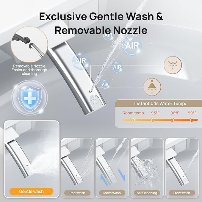 Smart Toilet with Bidet Built-in: Super Gentle Wash Bidet Toilet with Dryer, Dual Flush One Piece Toilet with Child Mode, Foam Shield, Heated Seat, Foot Sensor, UV-C Night Light, Auto Lid/Seat, Grey