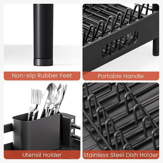 TOOLF Dish Drying Rack Expandable Drainer w/Cutlery & Cup Holder, Black | Stainless Steel &PP, Extenable 12.6" to 18.7"D, Anti-Rust, Auto-Drainage, Space-Saving, Fit for Various Sink Countertops