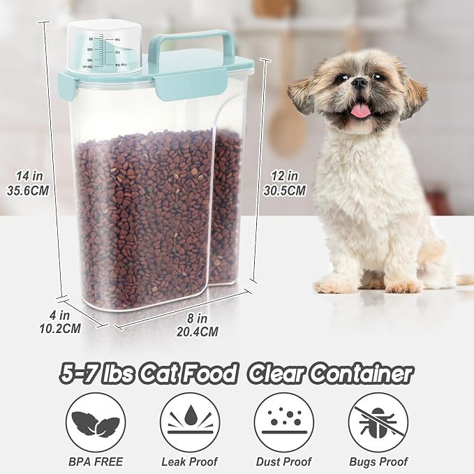 5-7Lbs Airtight Cat Dog Food Storage Container Portable with Upgraded Large Spout and Cup, Plastic Pet Dispenser for Small Animal Kibble, Bird Seed, Oatmeal, Rice, Flour, Brown Sugart-Sky Blue