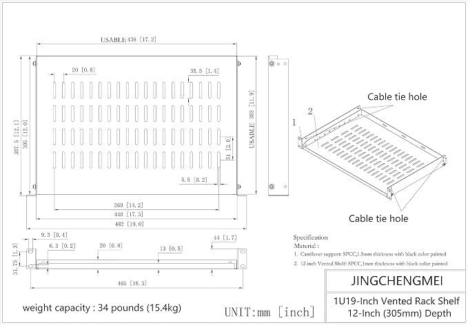 1U Vented Cantilever Server Rack Mount Shelf 12" Deep | for 19-Inch Network/AV Equipment Rack and Cabinet, Disassembled (1U12V)