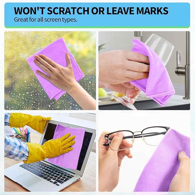 Microfiber Cleaning Cloth - 6 Pack Glasses Cleaning Cloth, 16" x 14" Window Cleaning Rags, Streak Free Lint Free Polishing Cloths Wipes for Eye Glass, Stainless Steel, Windshield, Purple