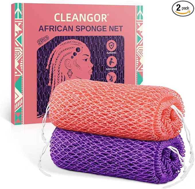 Cleangor 2Pcs African Net Sponge Authentic with Knots - Exfoliating Body | Scrubber for All Skin Types, African Bath Sponge, Wash Cloth, Gentle Exfoliation Shower Rag for Women Daily Use