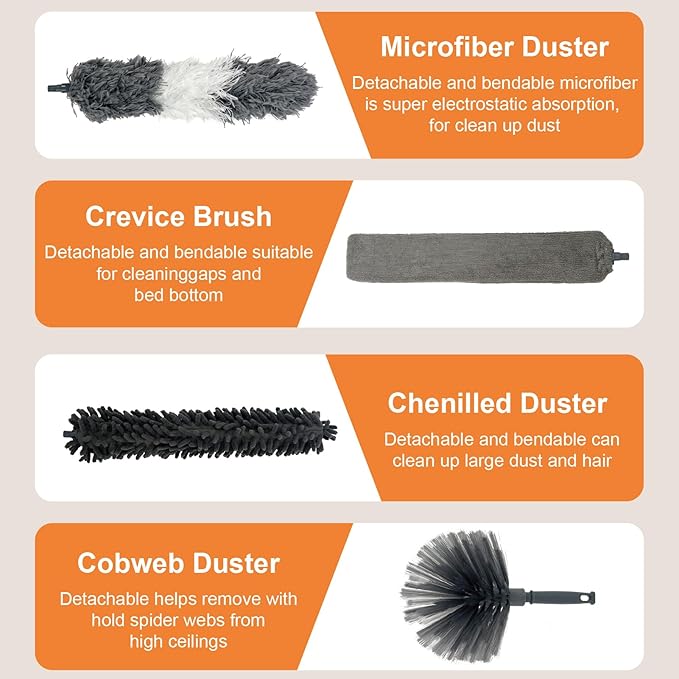 15 PCS Feather Dusters for Cleaning, Microfiber Duster with Extension Pole 100in, Extendable Duster for High Ceilings, Ceiling Fans, Baseboards, Blinds, Car Interior - Washable Reusable Dusting Tools