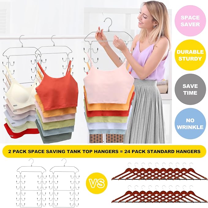 2 Pack Tank Top Hanger Space Saving, 360° Rotating Closet Organizers and Storage, 6 Tier Metal Bra Organizer with 24 Hanging Hooks, Small Space Solutions, RV Apartment College Dorm Room Essentials