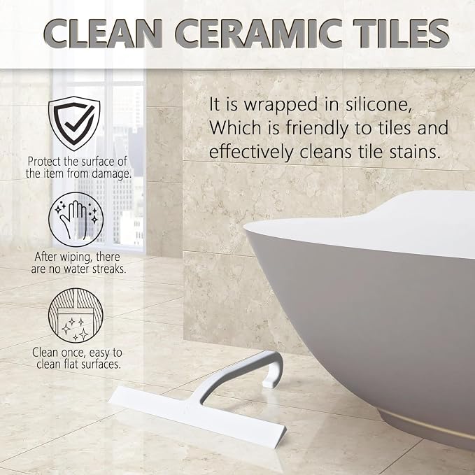 Shower Squeegee for Glass Doors – 10" Silicone Squeegee with Built-in Hook, One-Piece Seamless Design, Streak-Free & No-Scratch Window Cleaner for Bathroom, Mirrors & Tiles (White)
