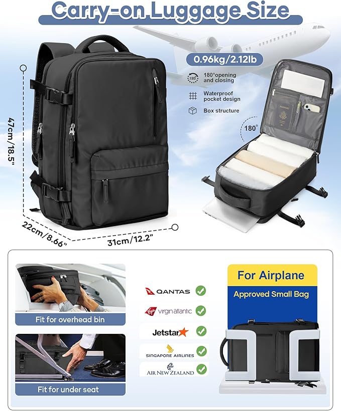Large Travel Backpack Women Carry On Hiking Backpack Waterproof Outdoor Sports Casual Daypack Personal item Travel Bag Airplane Essentials Spirit Airline Flight Approved Shoes Compartment Men,Black