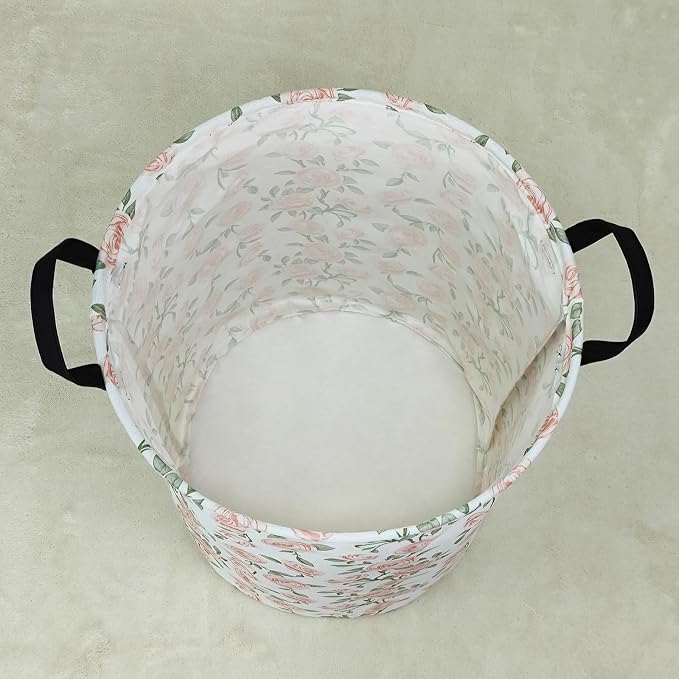 Round Laundry Basket Collapsible Storage Hamper Organizer Champagne Rose | Waterproof Canvas Foldable Baskets with sturdy Handles Multi-scene Organizer for Home Play Bedroom Gift Bin