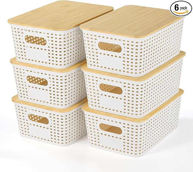 Ohmlove Plastic Storage Baskets With Bamboo Lid - Plastic Storage Containers Stackable Storage bins: Storage Baskets for Organizing Shelves Drawers Desktop Closet Playroom Classroom Office, 6 Pack