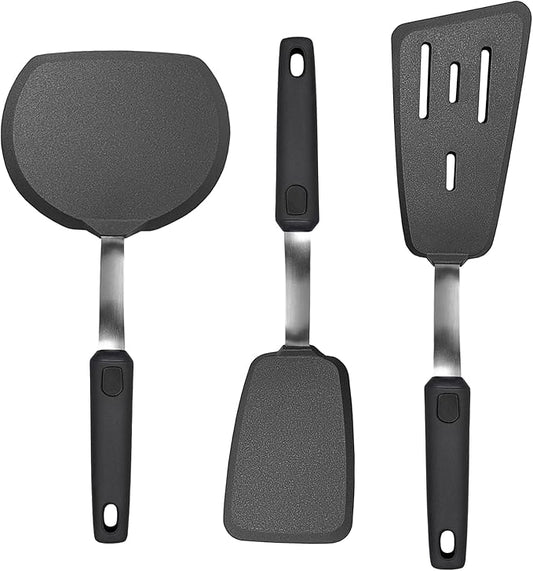 3 Piece Silicone Spatula Turner Set, 600°F Heat-Resistant Nonstick Kitchen Cooking Utensils Set for Egg,Pancake,Burger - Thin Stainless Steel with Silicone, Dishwasher Safe,Black