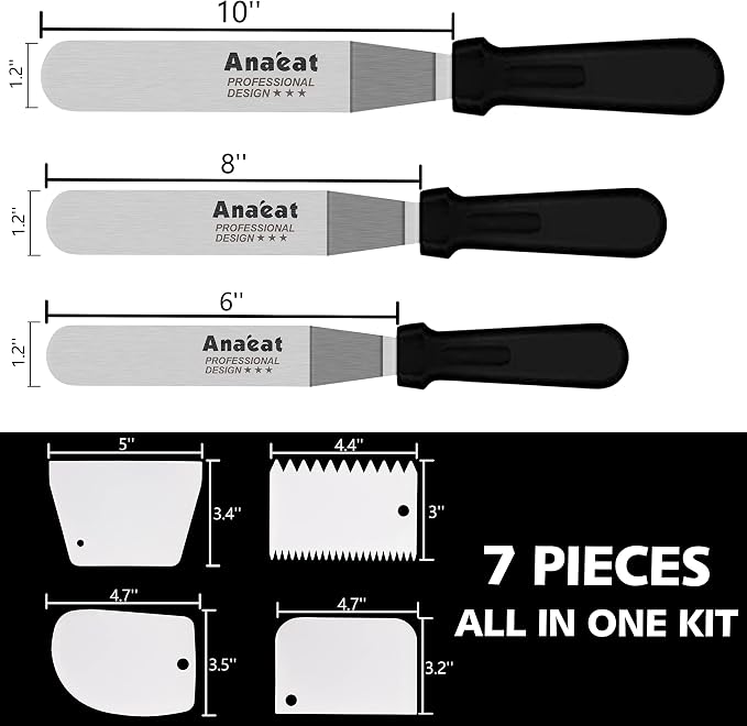Anaeat Icing Spatula, 3 Pieces Professional Angled Offset Frosting Spatulas with 6", 8", 10" Stainless Steel Blades & 4 Pack Cake Smoother Scraper for Cake Decorating, Baking & Pastry (Set of 7)