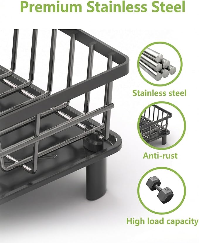 Dish Drying Rack for Kitchen Counter,Stainless Steel Drainers Rack with Detachable Cutlery Holder,Automatic Drainage System,Anti-Rust Dish Strainer Ideal for Families and Home