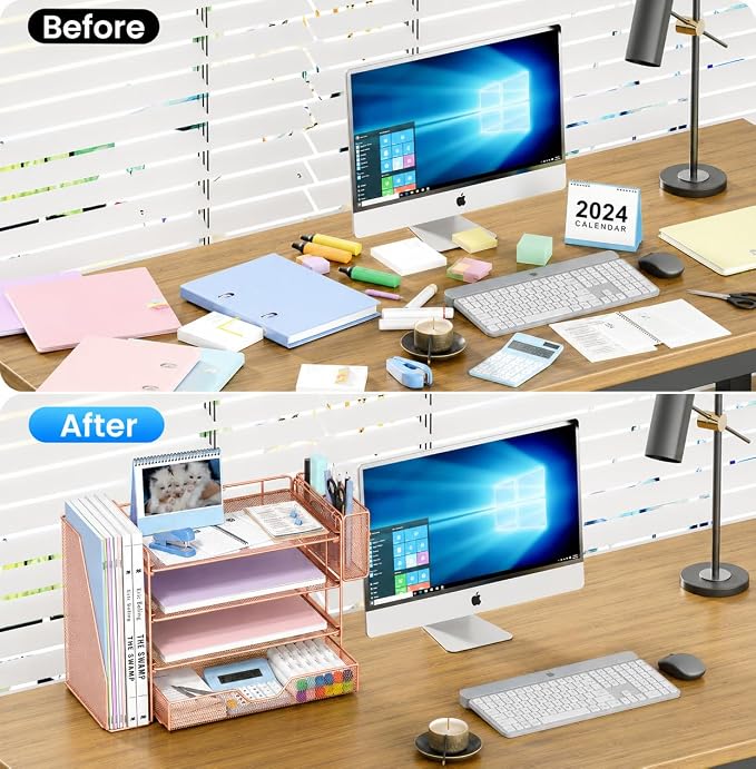 OPNICE Desk Organizer, 4-Tier Desktop File Organizer with Drawer and Pen Holders, Office Desk Accessories, File Sorters, Workspace Organizers for Office Supplies(Rose Gold - Metal Pen Holder)