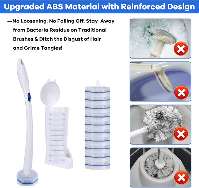 Upgraded Disposable Toilet Brush and Holder Set, 50 Toilet Wand Refills with Thickened Cleaning Layer, Won't Fall Apart, Large Opening Storage Caddy, Long Handle, for Home & Commercial Use