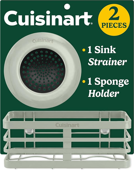 Cuisinart 2 Piece Sink Set – Sink Drain Strainer with Stainless Steel Rim & Silicone Mesh Base & Sponge Holder for Kitchen Sink, Metal Caddy with Triple Suction Cups, Daily Kitchen Essentials