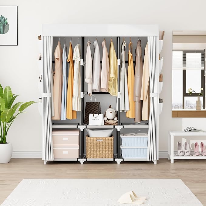 Portable Closet with Cover, 3 Hanging Rods and Side Pocket, Sturdy Free Standing Closet, White