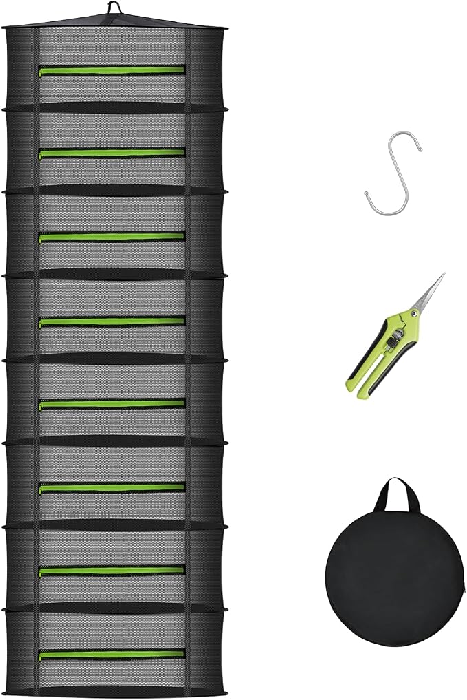 MEKOLIFE 8-Layer Herb Drying Rack Hanging, Large Capacity Mesh Net | 23.62 Inch with Zipper, S-Hooks and Bonus Garden Pruning Shears, for Herbs, Flowers, Plants, Indoor and Outdoor Use