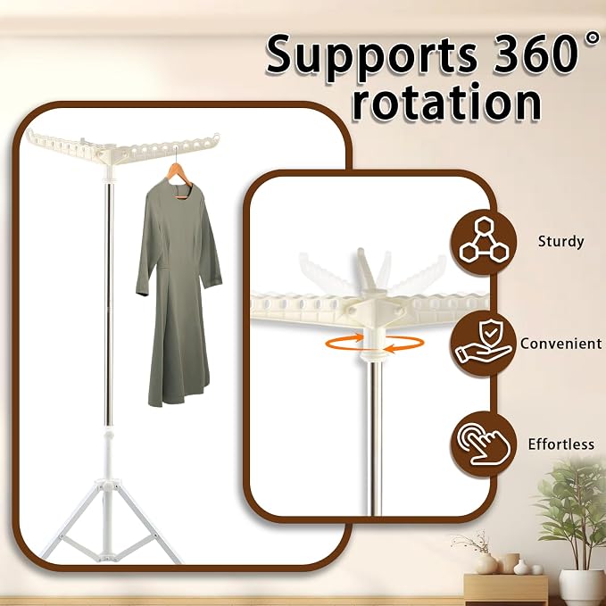 Clothes Drying Rack,Dry Rack for Clothes 36-68" Satin Finish Thickened Stainless Steel Heavy-Duty Tripod Base Space-Saving Collapsable 3 Rotatable Arms