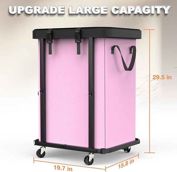 Laundry Basket with Wheels,150L (40 Gal) Rolling Hamper Carts - Pink | Leather Patchwork Laundry Hamper,Sturdy Metal Frame, Removable Washable Bag, Tall Clothes Sorter for Bedroom, Laundry Room