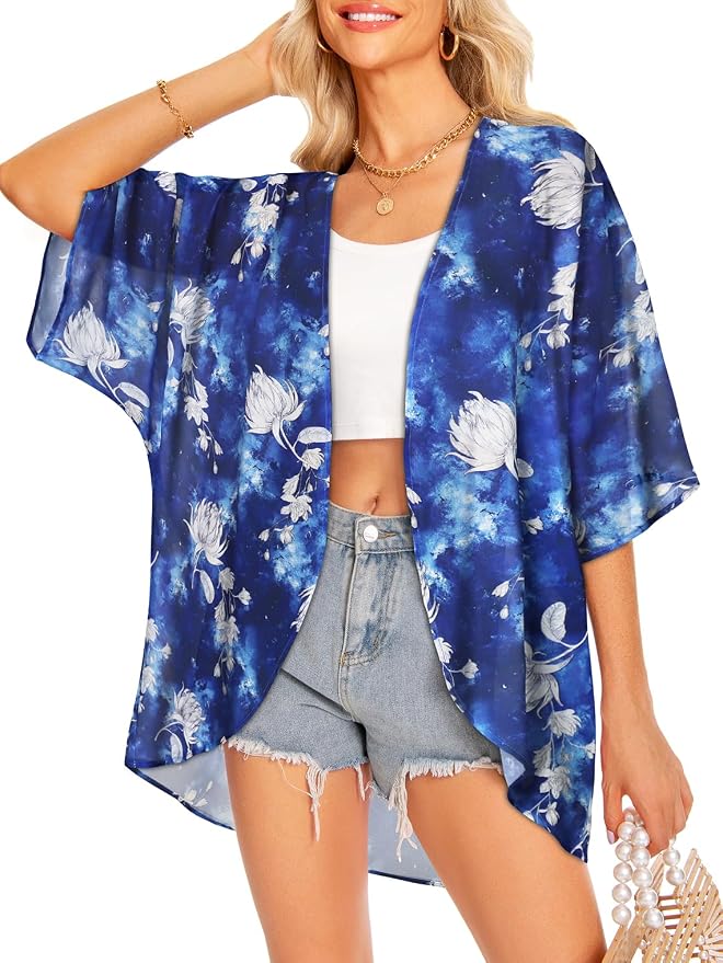 Women Kimono Cardigans Summer Cover Up Hawaiian Shirts Floral Print Tops | ROSEMIA chiffon kimono open front cardigans, beach cover ups, daily casual tops, cruise outfits, summer resort wear