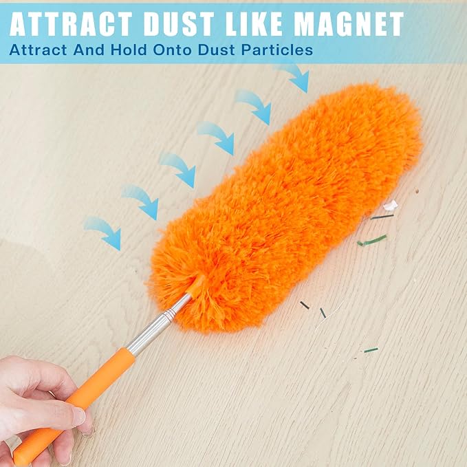 Tanlade 12 Pcs Microfiber Feather Duster for Cleaning, Extendable 13-31 Inch Ceiling Fan Duster with Bendable Head, Washable Tools for Ceiling Fans, Furniture, Car, Cobwebs (Orange)