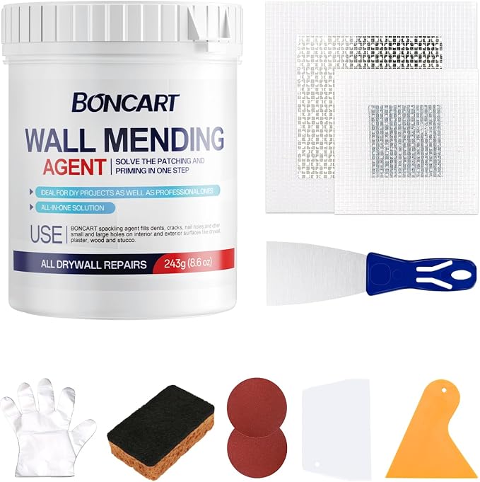 BONCART 8.6Oz Drywall Patch Repair Kit – Professional All-in-1 Tool Set | Includes Scrapers, Sandpaper, Putty Knife, Texture Sponge, Gloves, And Aluminum Patches. For Fast Wall Hole Repair