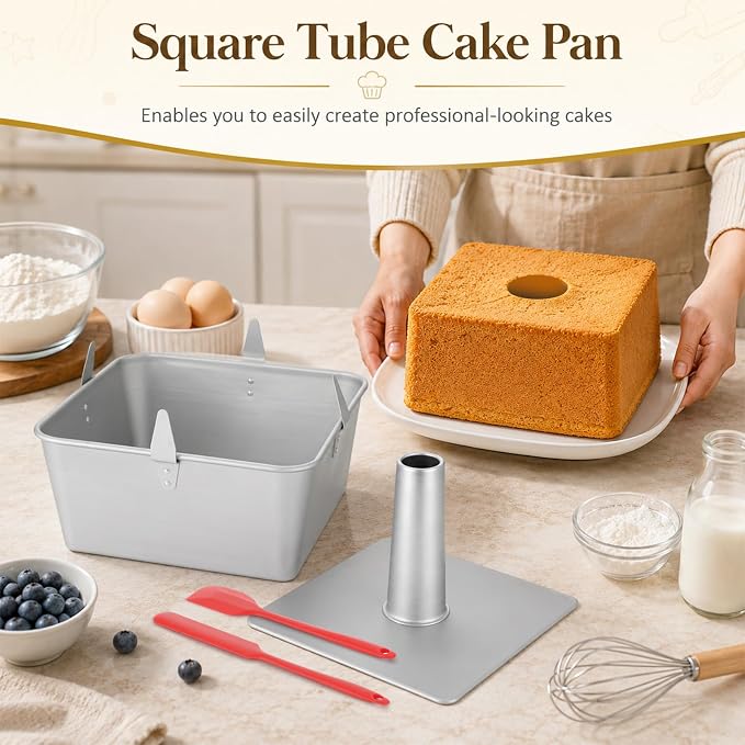 Square Tube Cake Pan, 10 Inch Aluminum Baking Mold with Removable Bottom & Cooling Feet & Silicone Spatulas, Anodized Chiffon and Angel Food Cake Pan for Even Heat Distribution and Easy Release