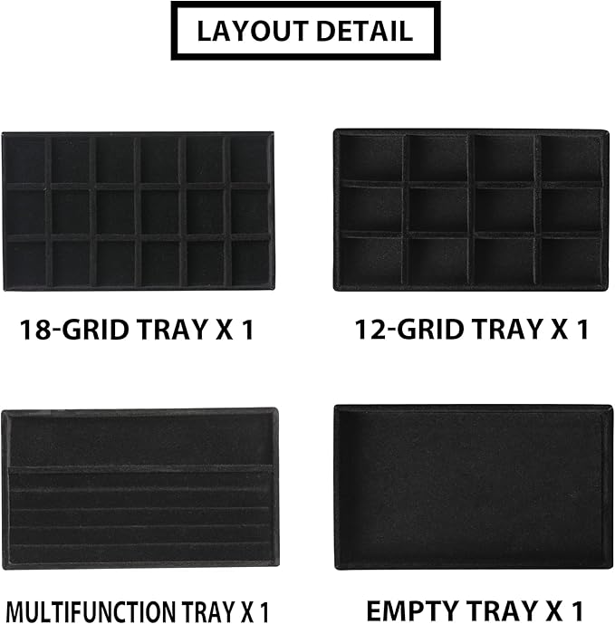 Frebeauty Jewelry Trays for Drawer,Set of 4 Jewelry Organizer and Storage | Velvet Material,Earring Holder Organizer,Stackable Jewelry Display for Vanity,Drawer Inserts for Rings,Studs,8.3×4.9 inch