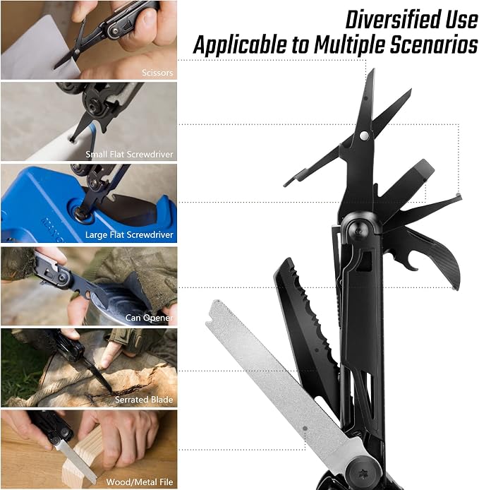 FLISSA 16-in-1 Multitool Pliers with Sheath Stainless Steel EDC | Equipped with Knife, Saw, Screwdrivers, Scissors and Opener. Nylon Carry Case for Camping,Handwork, Hunting, Hiking, Fishing
