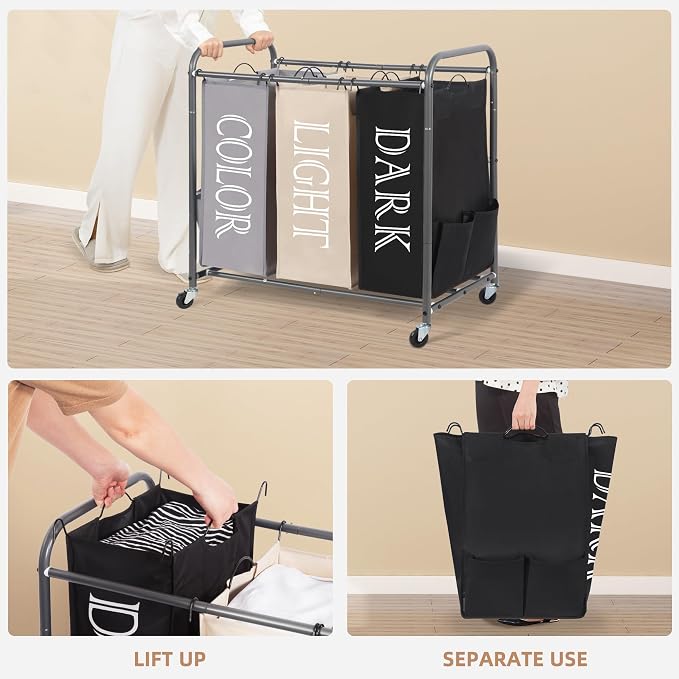 STORAGE MANIAC 3 Section Laundry Sorter, 35.6 Gal (135 L) Laundry Hamper Cart with Heavy Duty Rolling Lockable Wheels and Removable Bags, Clothes Organizer Basket Separator Hamper, Multicolored