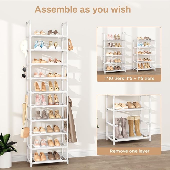 VTRIN 10 Tiers Tall Shoe Rack Holds 20-25 Pairs of Shoes Sturdy Vertical Shoe Organizer with 18pcs Hooks Stackable Narrow Shoe Rack for Closet, Entryway White