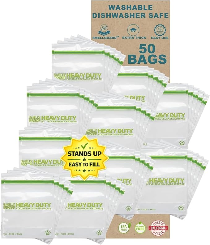 Smelly Proof BULK VALUE, 50-Pack HEAVY DUTY 5-mil Reusable Bags, Stand-Up, Expandable, Dishwasher-Safe, Odor-Proof, Durable Poly Nylon (Non-Silicone) US-Made 8.5" x 10" Quart 50pk