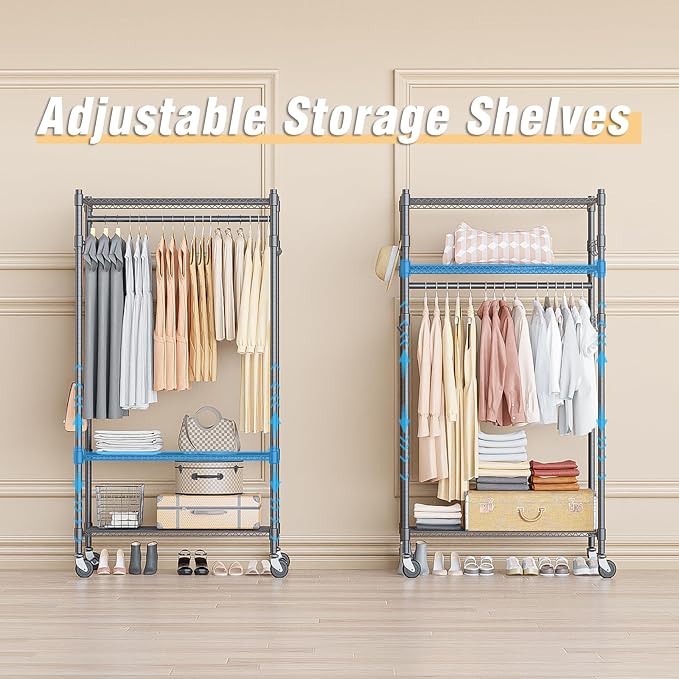Homdox Narrow Rolling Garment Rack with Double Rods and 3 Adjustable Shelves, Compact Portable Closet Organizer for Bedroom, Dorm, Laundry Room, 23.62" W x 16.54" D x 80.71" H, Gray