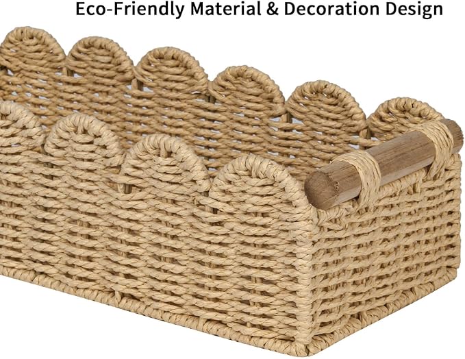 CubesLand Bathroom Basket Organizer, Toilet Tank Paper Storage Baskets 2PK | Scalloped Decorative Basket for Countertop w/Handle, Wicker Basket for Bathroom Decor, Home Decor, Living Room, Beige