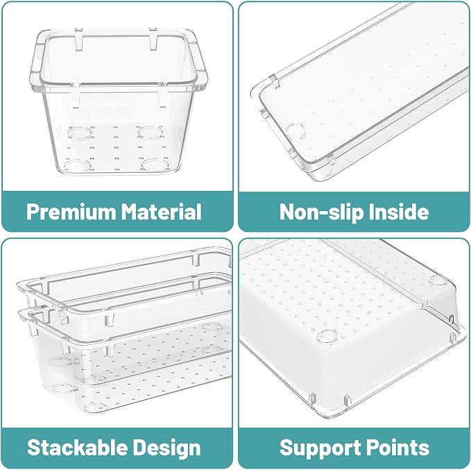 WOWBOX 8 PCS Clear Plastic Drawer Organizer Set, 4 Sizes Desk Drawer Organization and Storage Containers for Makeup, Cosmetics, Jewelry and Gadgets in Kitchen, Bathroom, Bedroom, Office, Clear