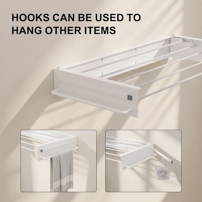 JOOM Wall Mounted Clothes Drying Rack,31.5 Inch Foldable Rack,White,Poles | 5 Aluminum Rods, 60 lb Capacity Collapsible Wall Mount Laundry Drying Rack for Laundry Room, Bathroom, Balcony