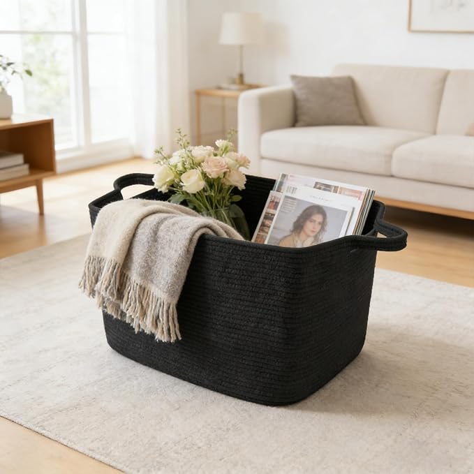65L Large Laundry Basket with Handles,Woven Blanket Basket,Black | 21"×16"×12" Collapsible Cotton Rope Storage Basket for Toys Clothes & Pillows, Nursery, Bathroom, Bedroom, Living Room