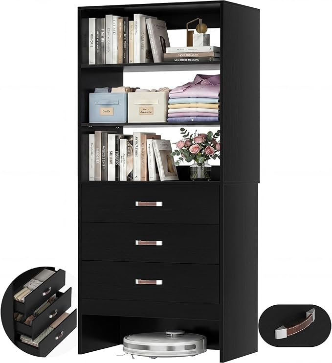 Armocity Freestanding 2FT Closet System with Leather Handles, 24" Walk-in Closets Storage Unit with Cabinet, Wood Wardrobe Closet Organizer and Storage with 3 Drawers for Small Space, Laundry, Black
