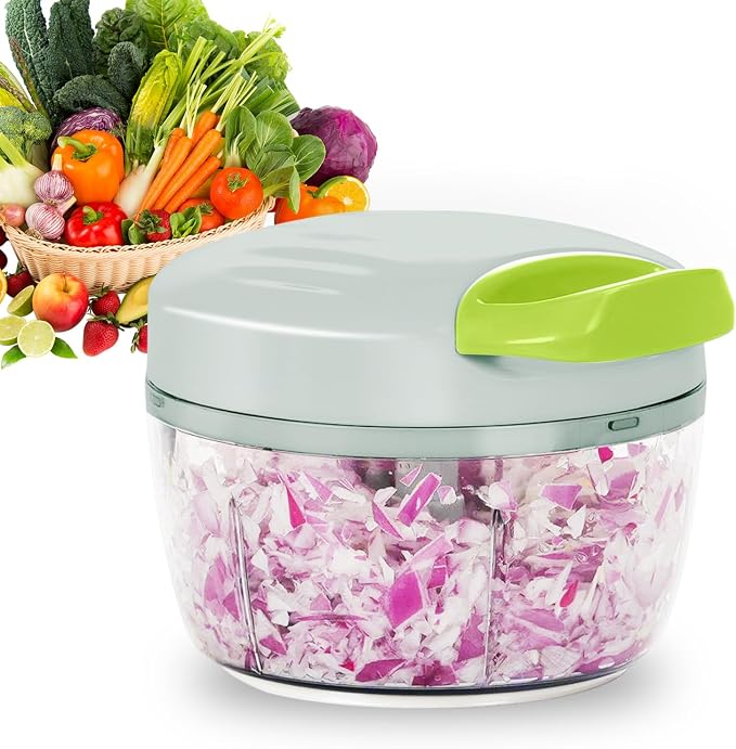 Manual Food Processor Vegetable Chopper 2.3 Cup Small Mini Hand Pull String Onion Chopper Garlic Mincer Cutter with 3 Stainless Steel Blades - Green