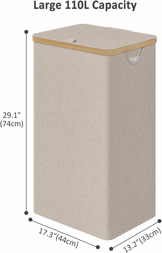 IEGrow Laundry Hamper with Lid,110L Laundry Basket with 2 Mesh Bags,Oatmeal | Dirty Clothes Hamper Basket with Bamboo Handle for Clothes Towels Organization