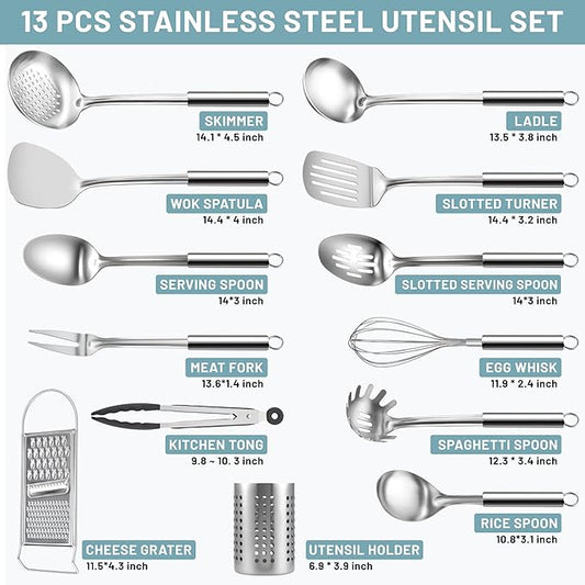 Pleafind Stainless Steel Cooking Utensils Set, 13 Pcs Heat Resistant Kitchen Utensils Set, Nonstick Kitchen Tools Set With Utensil Holder, Metal Spatula Set for Chef, Dishwasher Safe