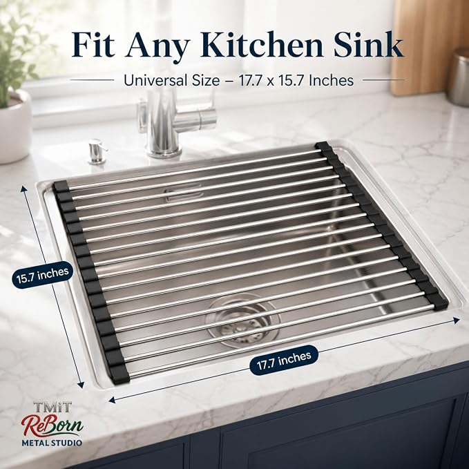 Over the Sink Roll Up Dish Drying Rack – Stainless Steel Collapsible Dish Drainer, Kitchen Sink Organizer for Counter & Sink, 17.7" x 15.7