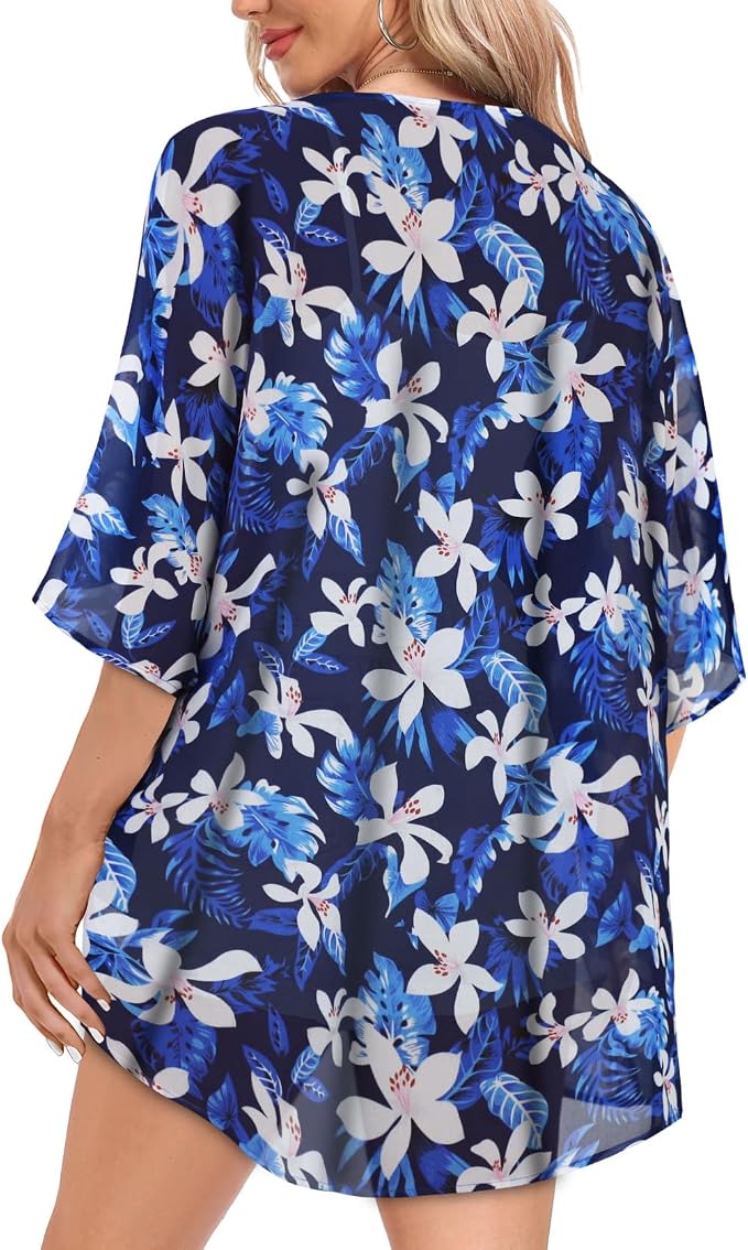 Women Kimono Cardigans Summer Cover Up Hawaiian Shirts Floral Print Tops | ROSEMIA chiffon kimono open front cardigans, beach cover ups, daily casual tops, cruise outfits, summer resort wear