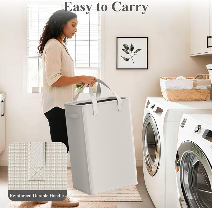 Optish 90L Slim Laundry Hamper, Baby Hamper for Nursery with Handles, Large Laundry Basket for Dorm, Bedroom, Living Room, Collapsible Laundry Basket, White