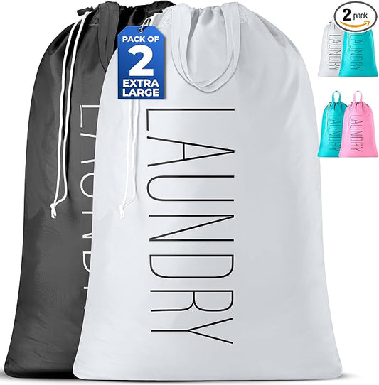 Extra Large Travel Laundry Bag - 2-Pack Fun Print Design Bags for Dirty Clothes - Durable Water-Resistant Fabric - Sturdy Drawstring Closure (Black-White | Laundry)