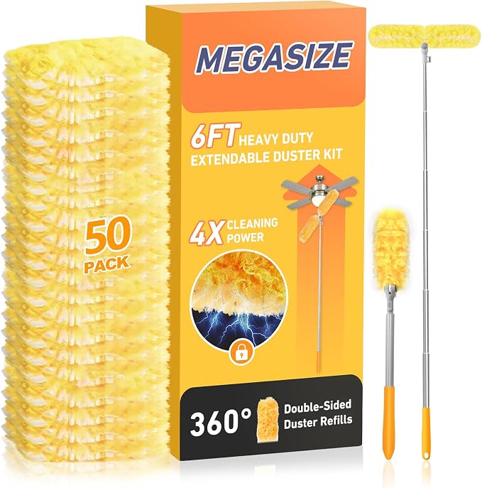 6 ft Long Handle Extendable Duster with 50 Refills for Swiffer Duster, Heavy Duty 360° Microfiber Dusting Kit for High Ceilings, Ceiling Fans, Tall Windows, and Hard-to-Reach Areas