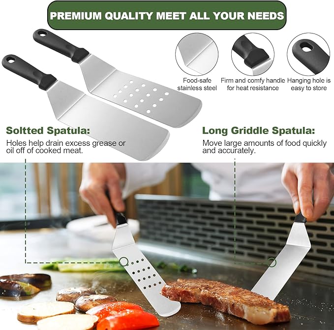 18PCS Griddle Accessories Kit, Flat Top Grill Accessories Set for Blackstone and Camp Chef, Grill Spatula Set with Enlarged Spatulas, Basting Cover, Scraper for Outdoor BBQ