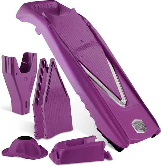Mandoline Food Slicer Börner V5 (Profi Set) by Reston Lloyd • V-Slicer with 4 Inserts, Docking Station & Food Holder • Made in Germany • Fruit & Vegetable Chopper • Multiple Settings • Color: Purple