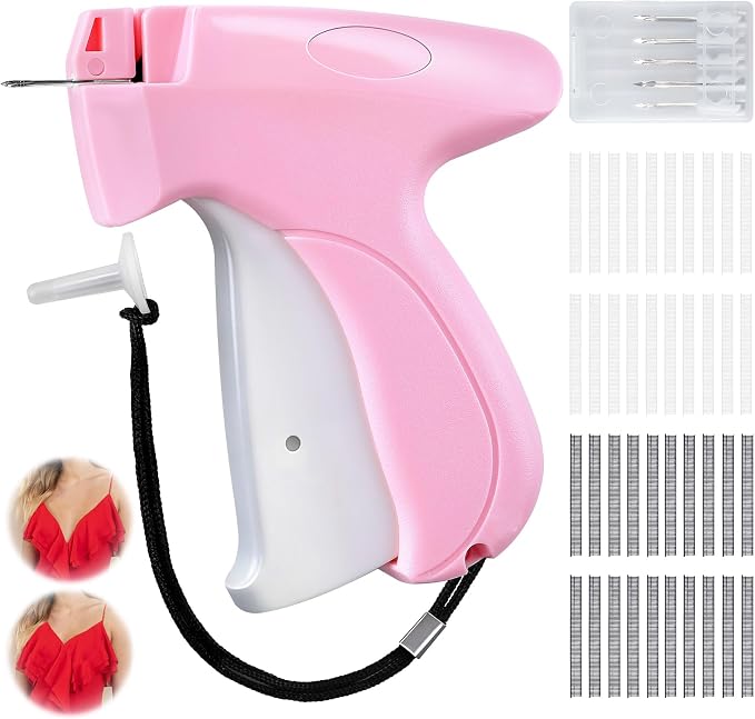 Pink and White Stitch Gun for Clothes - Quick Stitch Sewing Gun for Clothing Fixer Includes 2000 Black Fasteners & 2000 White Fasteners with 6 Need